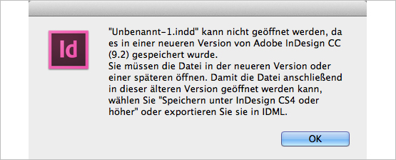 Screenshot – Öffnen Fehlermeldung InDesign CS6