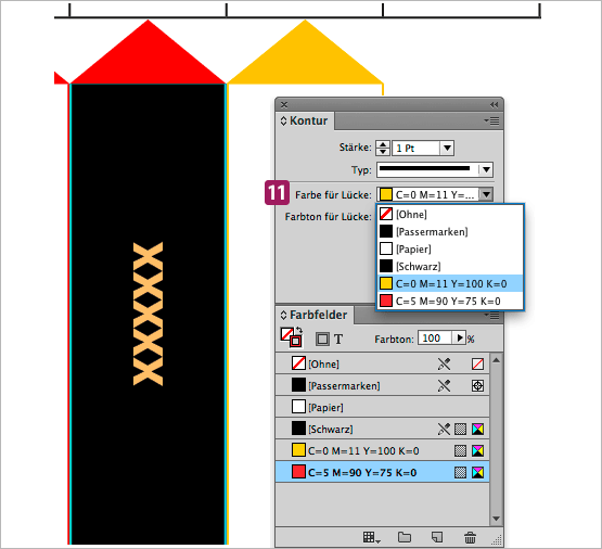 Screenshot – Ansicht Farbfelder-Palette, Konturenfarbe für Lücke anwenden